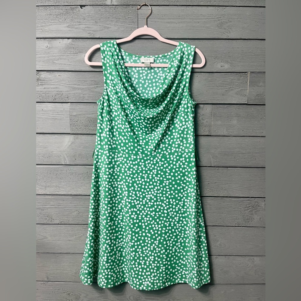 Ann Taylor LOFT Soft Green White Polkadot Cowl Neck Dress Sz S Summer Casual